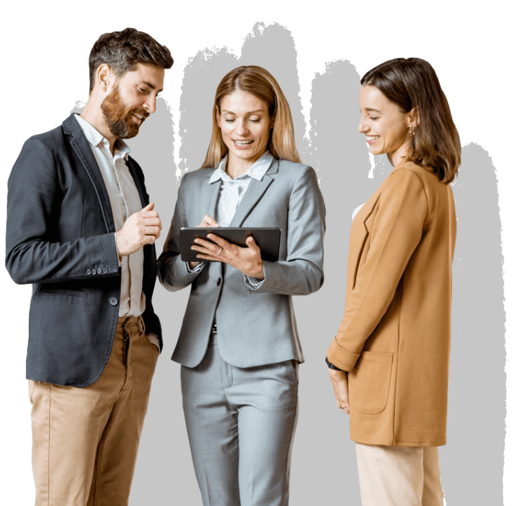 Three people looking at an iPad discussing results