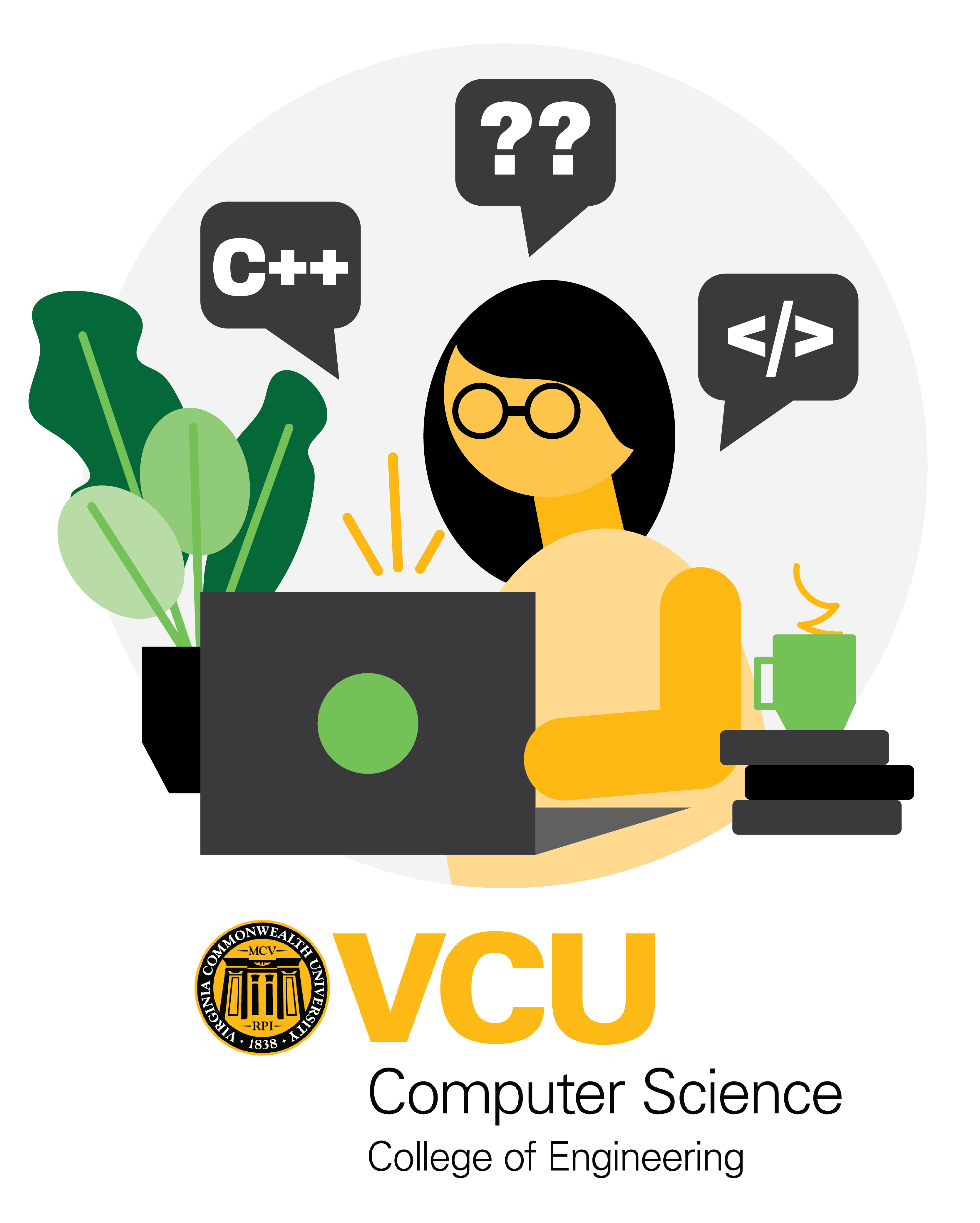 Gold black and green illustration with a woman at a laptop with computer icons in the background and the VCU College of Engineering Computer Science logo