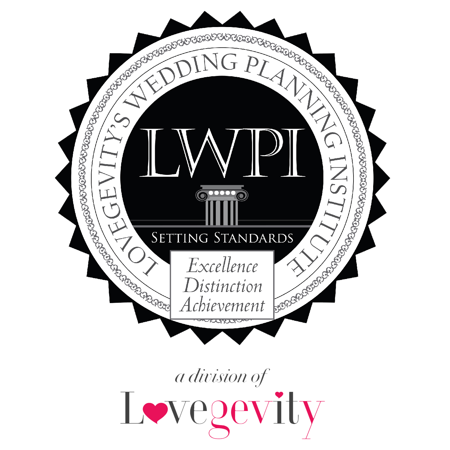 Lovegevity's Wedding Planning Institute logo with text Setting Standards Excellence Distinction Achievement