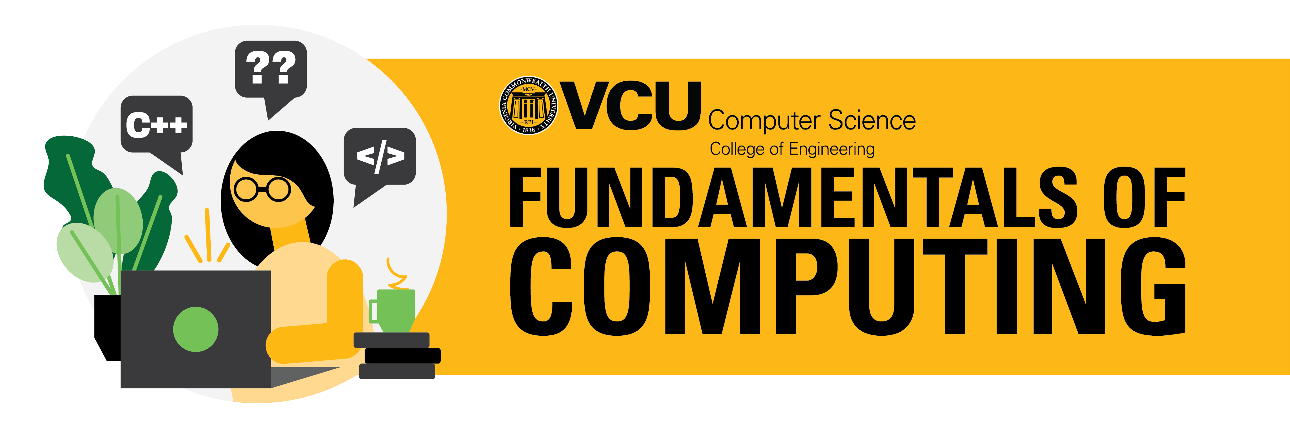 Illustration for the VCU College of Engineering Fundamentals of Computing specialization with character on a computer and the icons for C++ Web Development and Security