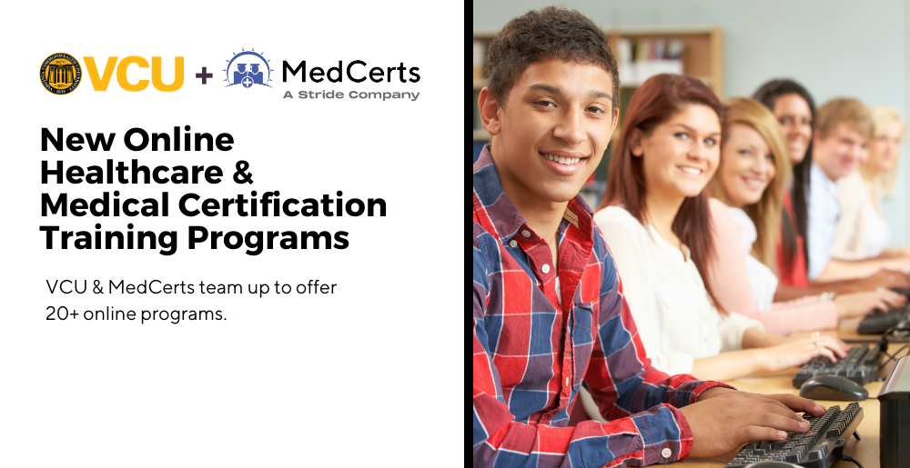 Image with text 'New Online Healthcare & Medical Certification Training Programs!' with the logos for V-C-U and MedCerts A Stride Company with a photo of a group of smiling students seated in front of computer keyboards